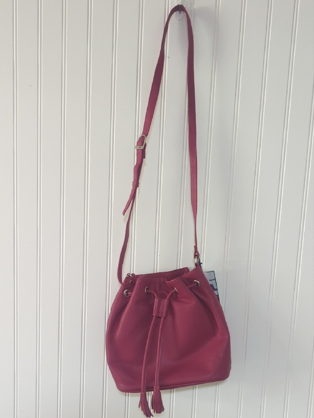 Genuine Leather Raspberry Drawstring Bucket Bag - Picture 2 of 11